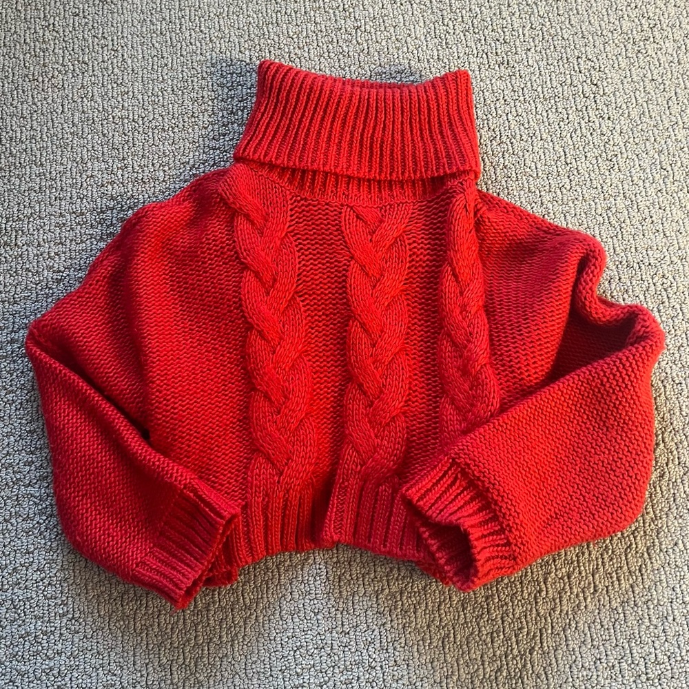 Revolve Red Knit Cropped Turtleneck Sweater